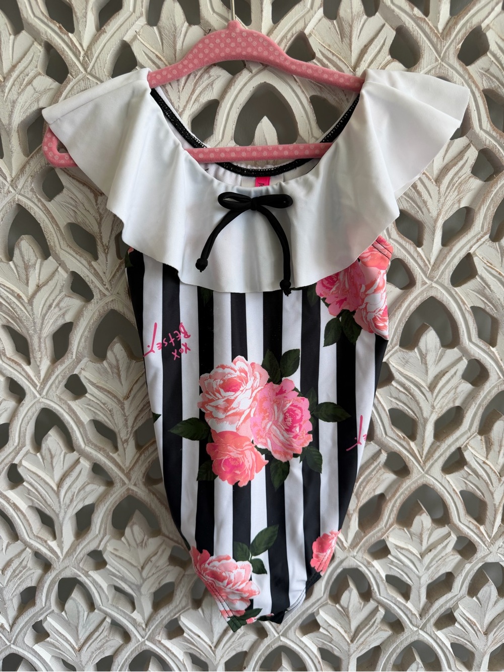 Betsey Johnson White and Black Striped One-Piece with Pink Floral Accents